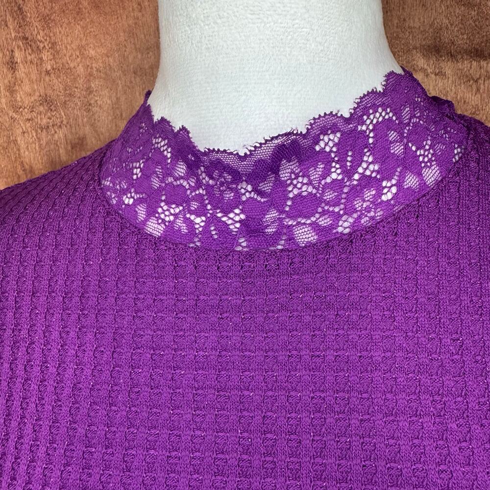 LOGO Lori Goldstein SMALL sparkling grape long sleeve blouse lace waffle knit